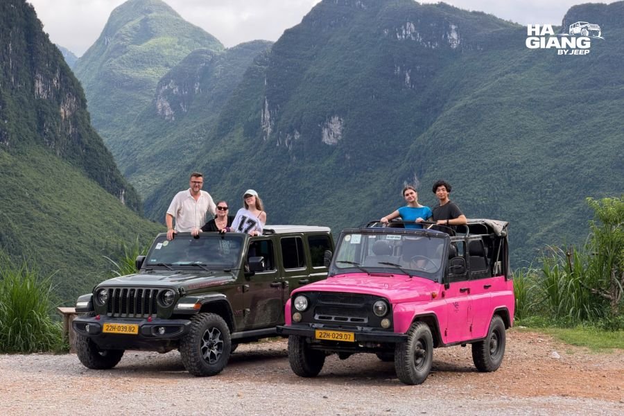 Family enjoying private jeep tour comfort on Ha Giang to Cao Bang route