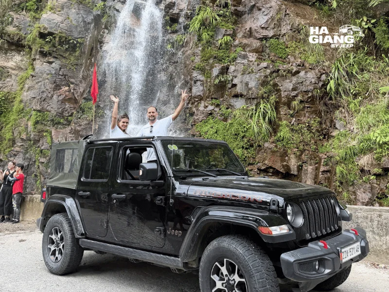 Ha Giang jeep with soft top and heating in misty mountain weather