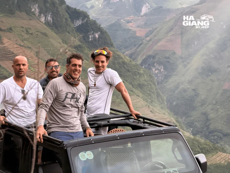 Private open top jeep with travelers on a Ha Giang Loop tour