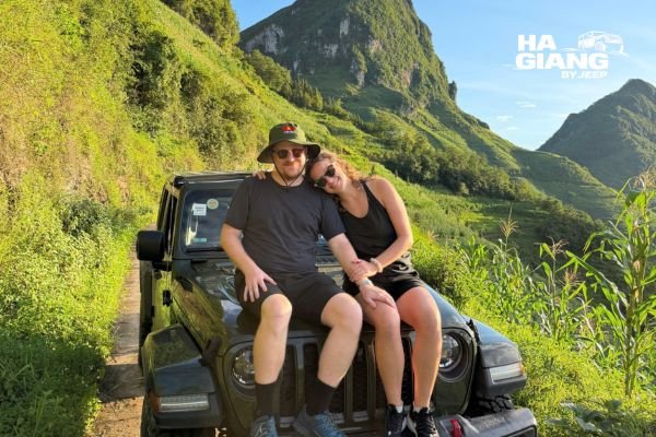 Couple riding the Ha Giang Loop in a comfortable private jeep