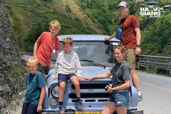 Family enjoying a comfortable private jeep tour in Ha Giang