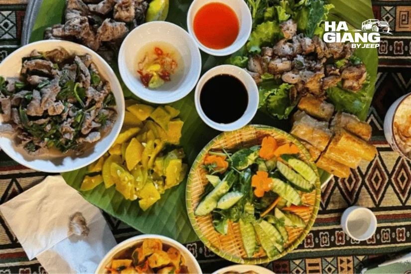 Family style homestay dinner with com lam and corn wine in Ha Giang