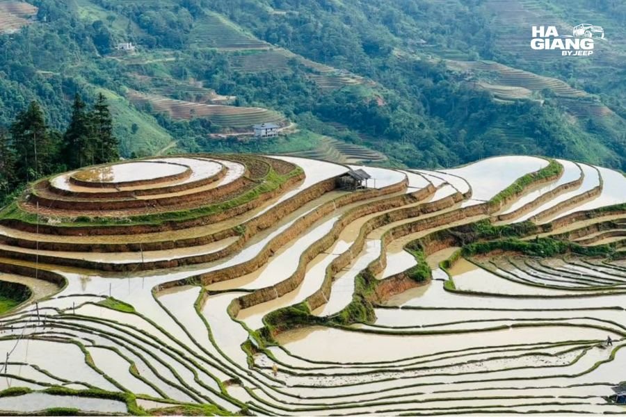 Flooded rice terraces reflecting the sky during the water pouring season in Hoang Su Phi