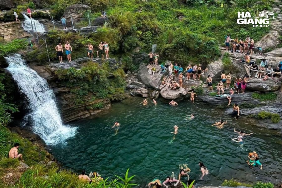 Green mountains and strong waterfalls in Ha Giang at the end of the rainy season