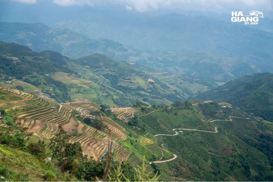 Green rice terraces surrounding Du Gia village