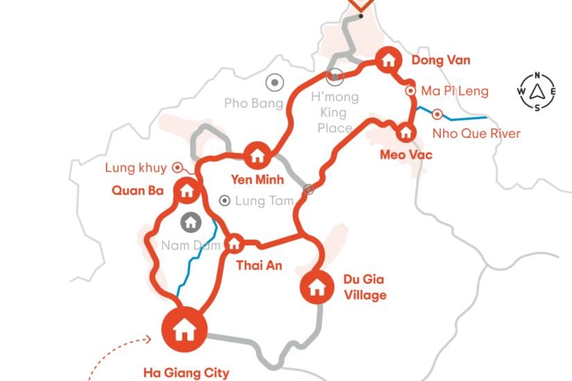Ha Giang Loop map seen from above, the road threading through the karst plateau