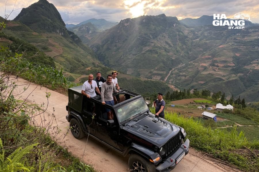 High clearance jeep handling a rough section of Ha Giang road