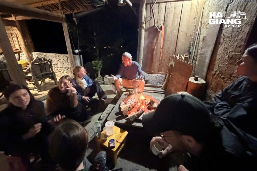 Homestay fire on a rainy evening during a Ha Giang jeep tour