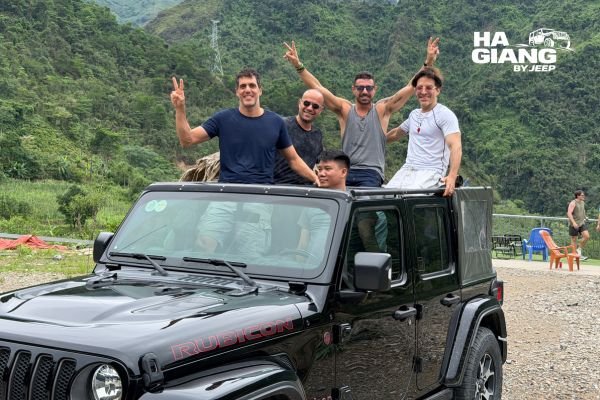 Jeep Wrangler Rubicon self drive rental on a Ha Giang mountain road
