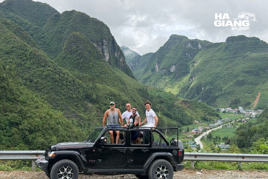 Jeep on Ma Pi Leng Pass on a clear cold day in Ha Giang in winter