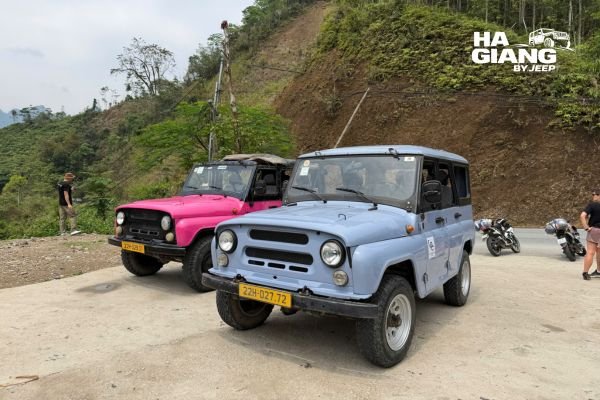 Jeep parked at Lung Cu Flag Tower on the Ha Giang Loop