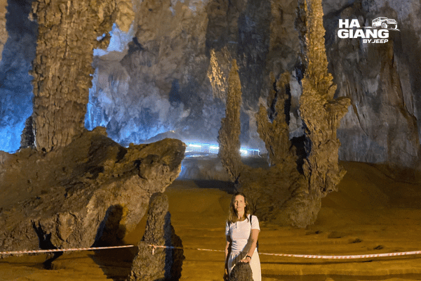 Lit walkway through the formations inside Nguom Ngao cave near Ban Gioc