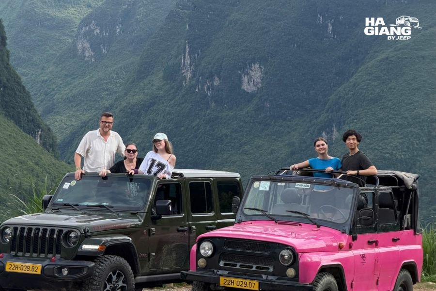 Open air jeep at a Sung La Valley viewpoint on the Ha Giang Loop