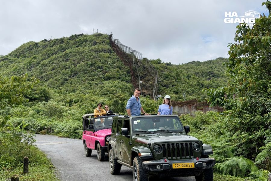 Open top private jeep touring near Lung Cu in comfort