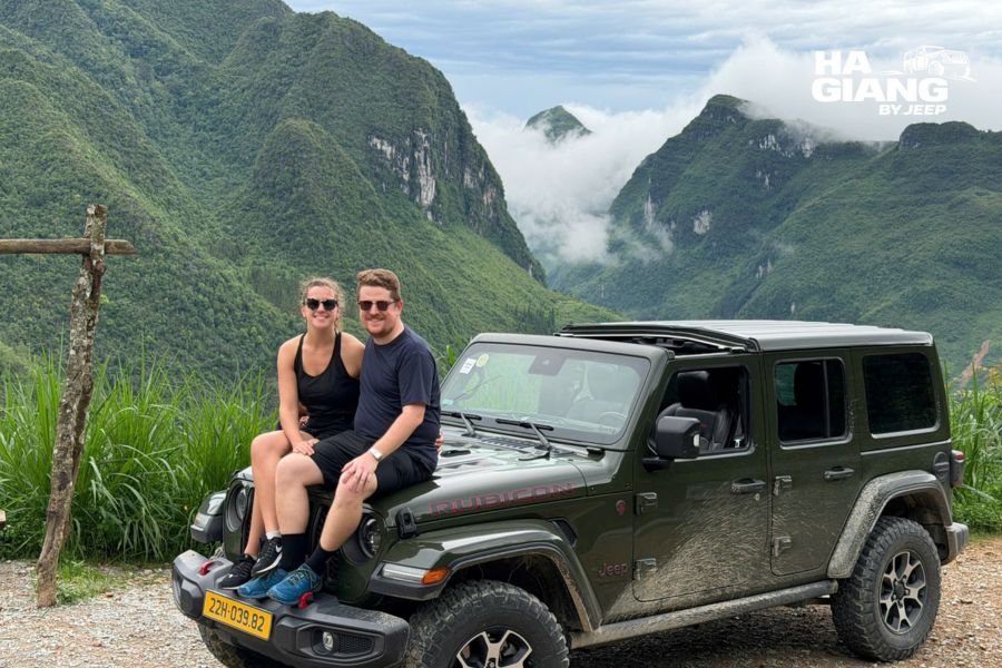 Private jeep at a viewpoint over the Dong Van Karst Plateau Geopark in Ha Giang
