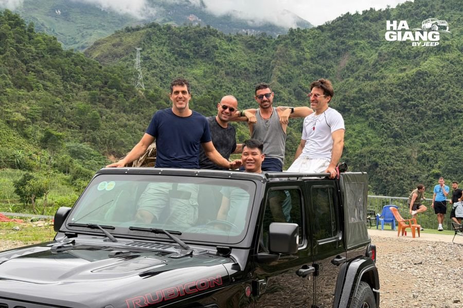 Private jeep parked at Ban Gioc Waterfall main viewpoint, Ha Giang jeep tour