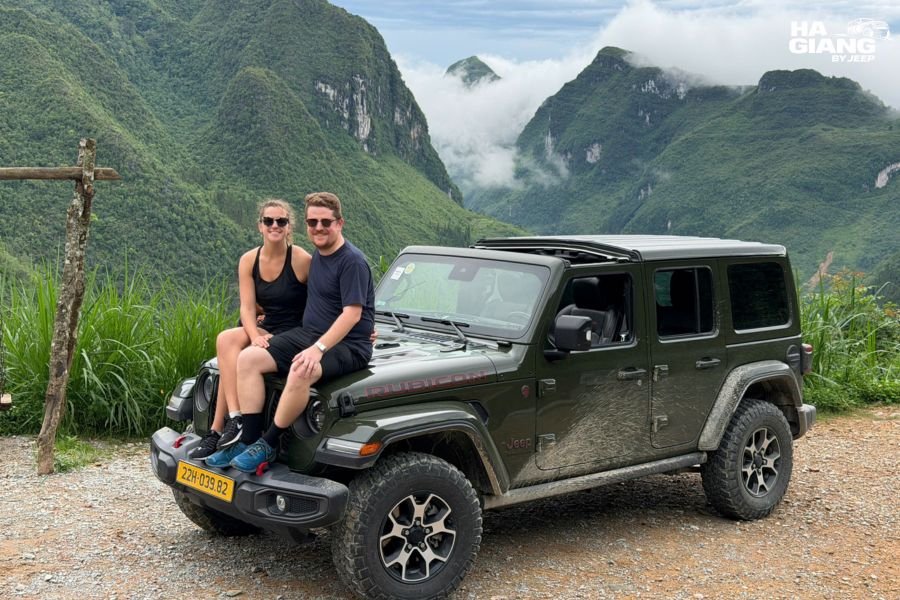 Private jeep parked on the valley road to Lung Tam Linen Village