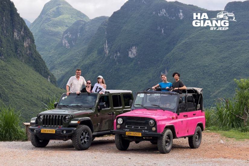 Soft top raised on the jeep during rain on the Ha Giang Loop