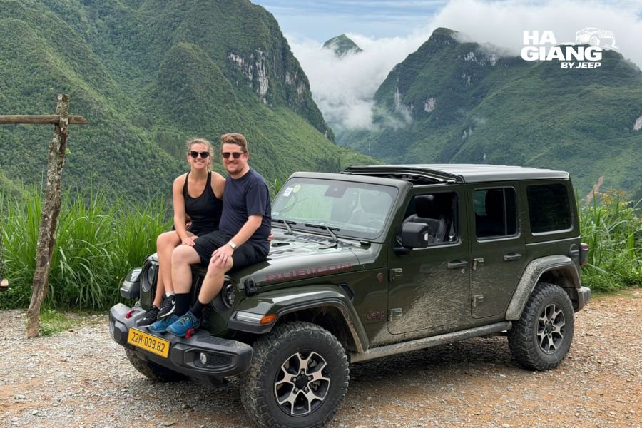 Staying dry inside a private jeep during rain on the Ha Giang Loop