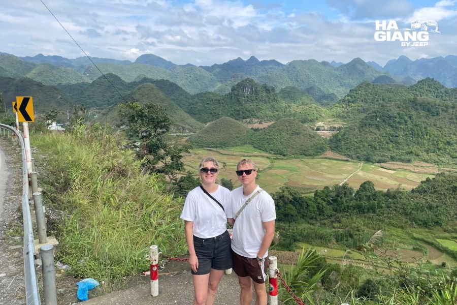 The Quan Ba Twin Mountains rising from the valley floor in Ha Giang