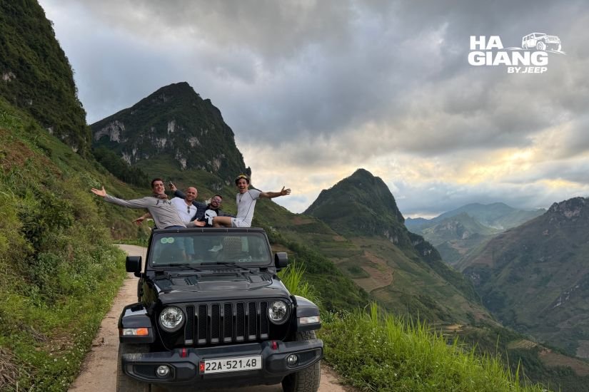 Ha Giang Loop 3 day itinerary: a private jeep at a Ma Pi Leng Pass viewpoint