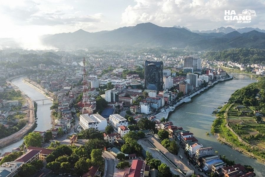 Cao Bang City street scene with local shops and accommodation base for pass exploration