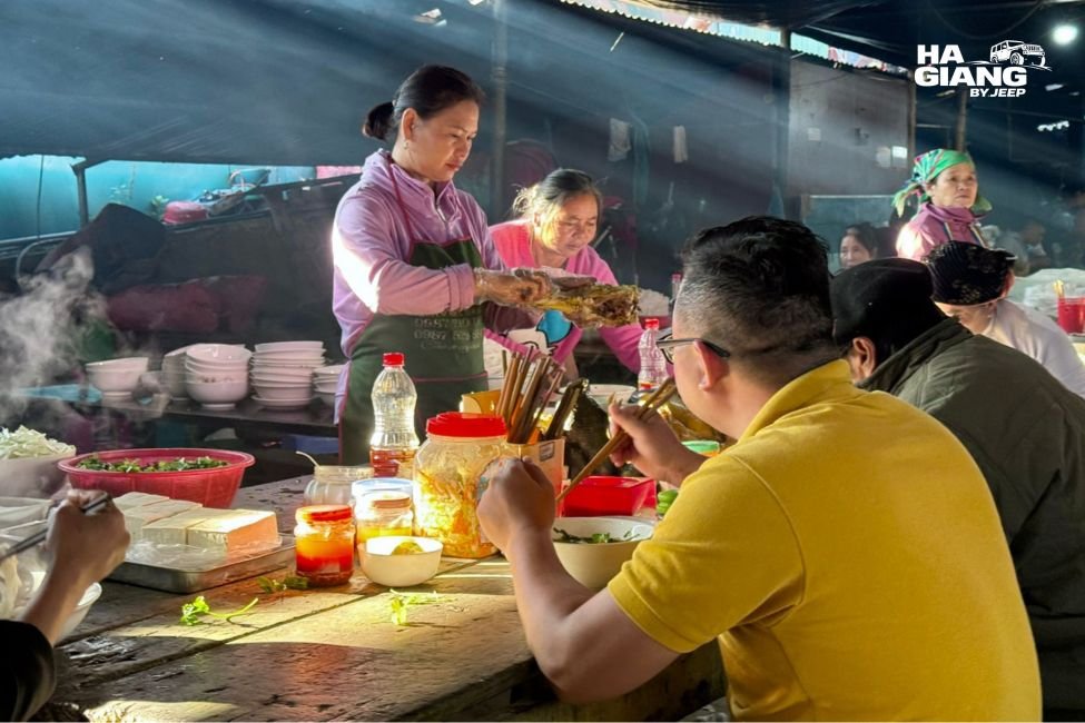 Food stalls at Dong Van Sunday Market, one of the best places to eat in Ha Giang