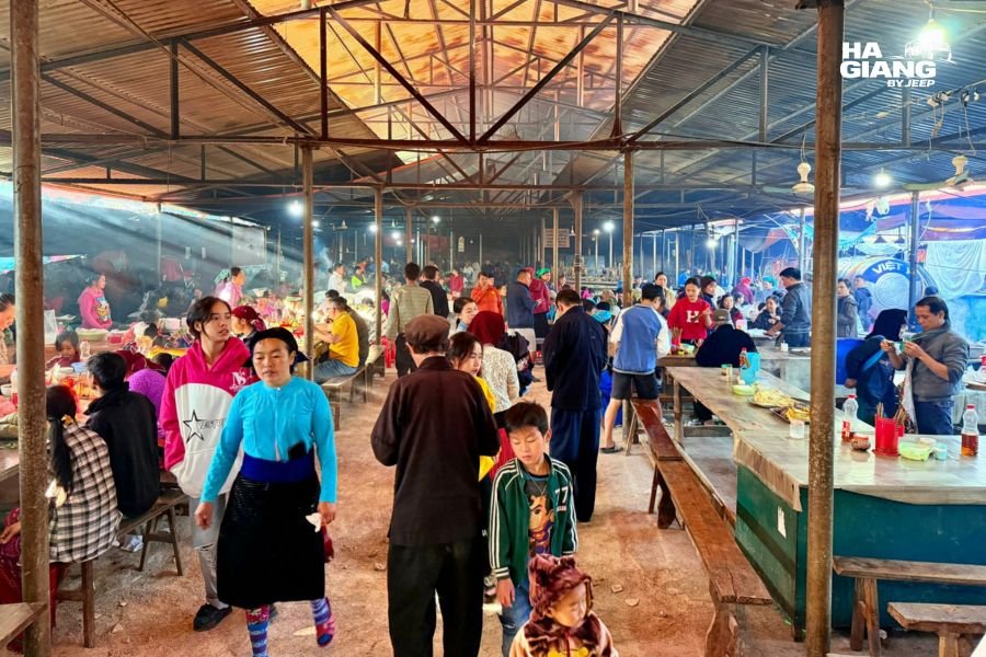 Hmong women in traditional dress at Dong Van Sunday Market