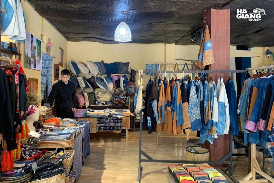 Indigo hemp cloth and embroidered panels for sale in Ha Giang