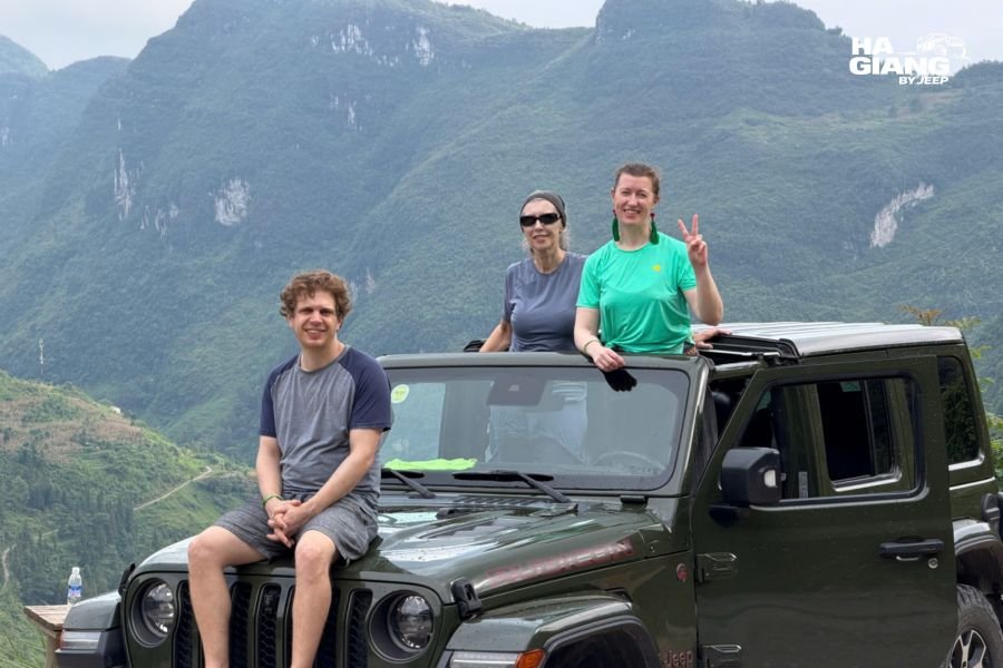 Inside Ha Giang jeep tour with comfortable seating and open roof