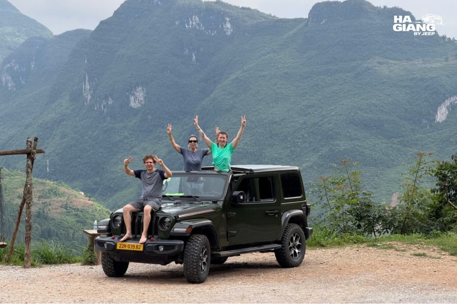 Jeep parked at a Ha Giang viewpoint at the end of the day