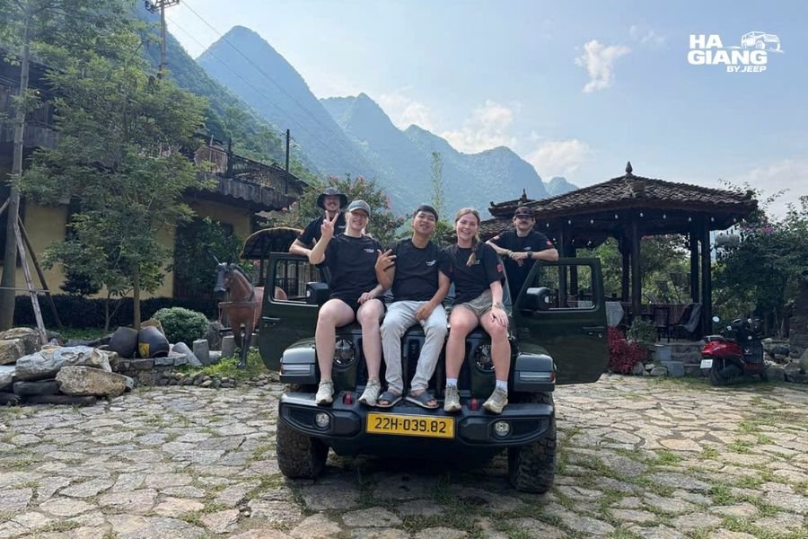 Jeep parked at the entrance to Truc Lam Phat Tich Pagoda near Ban Gioc