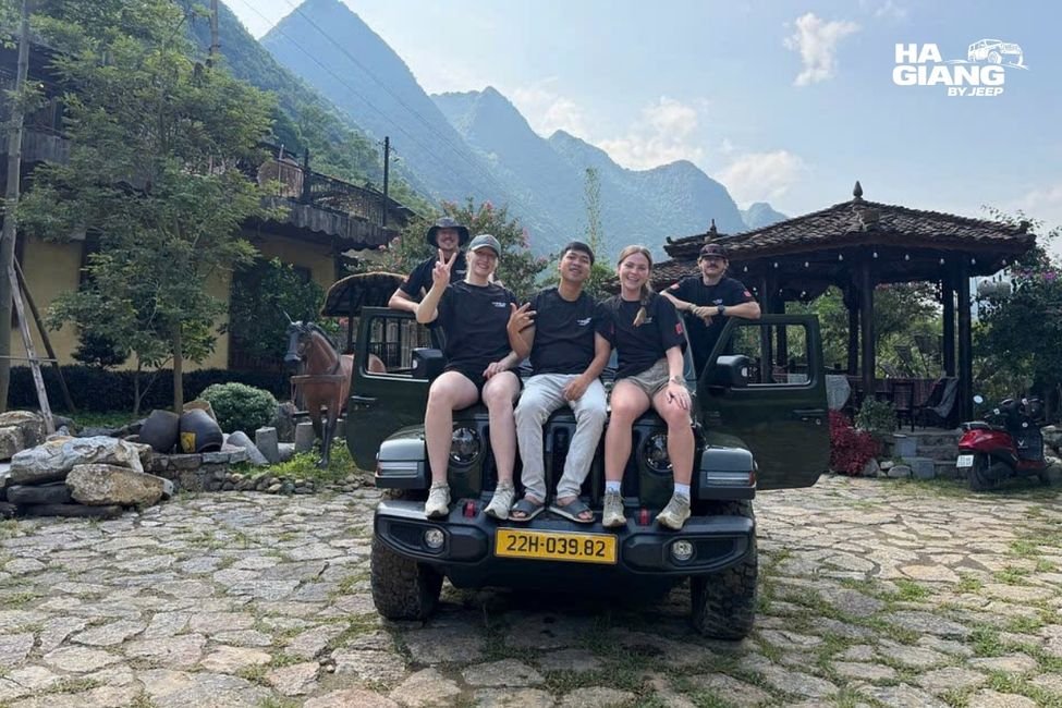 Jeep parked at the entrance to the Pac Bo historical site in Cao Bang