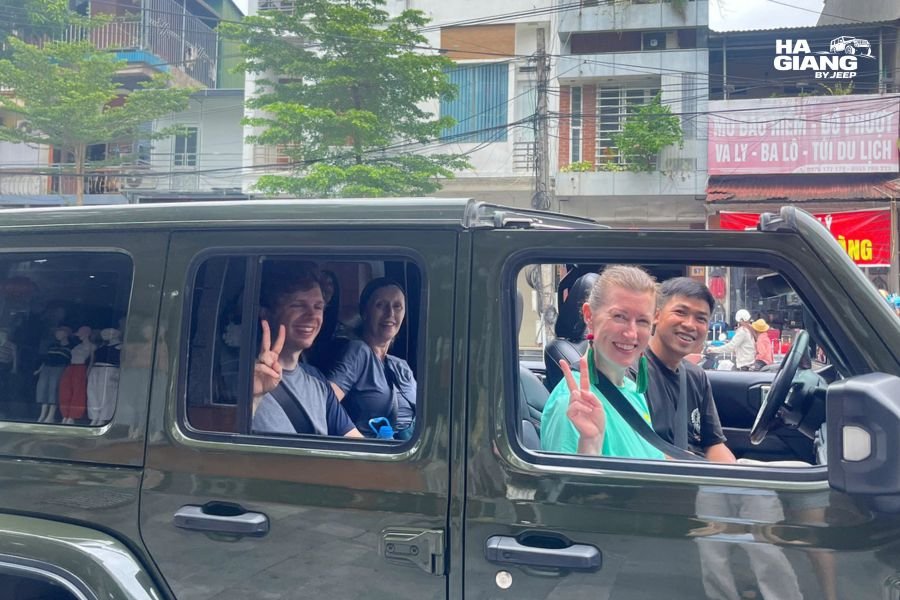 Jeeps loading outside the Ha Giang City office at the start of a Ha Giang jeep tour