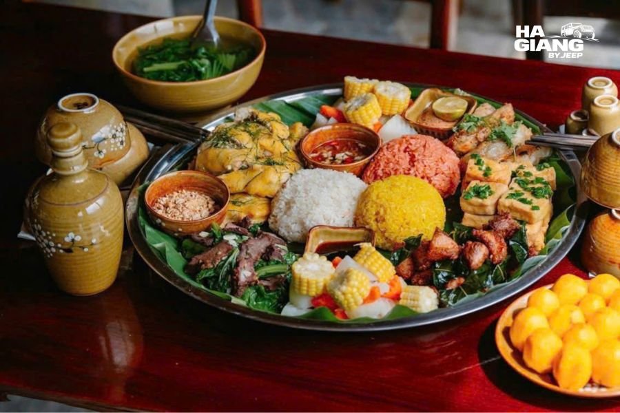 Authentic local food stall with traditional Vietnamese meals in Ha Giang or Cao Bang