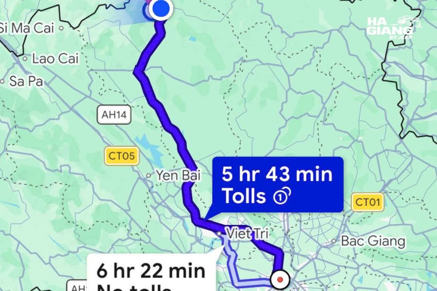 Map showing the route from Hanoi to Ha Giang via Highway 2, spanning 360 kilometers through mountain terrain
