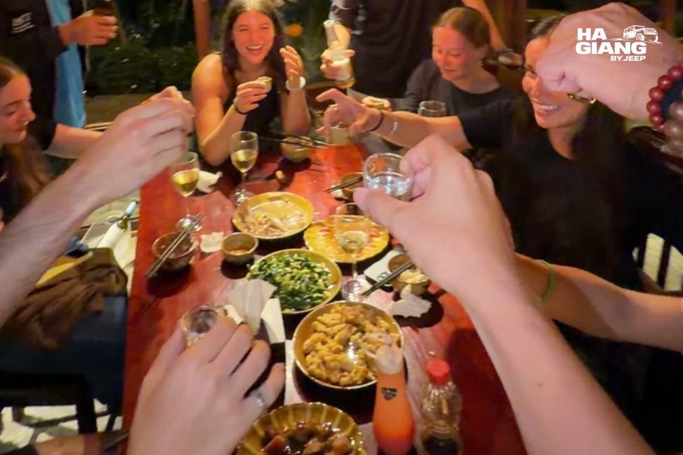 Ruou ngo corn wine poured at a homestay table in Ha Giang