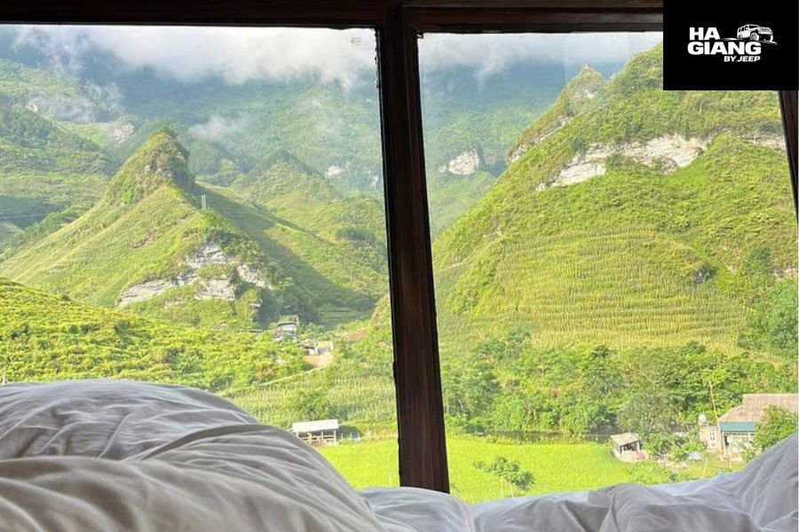 Sunset mountain views from Ha Giang Loop homestay accommodation