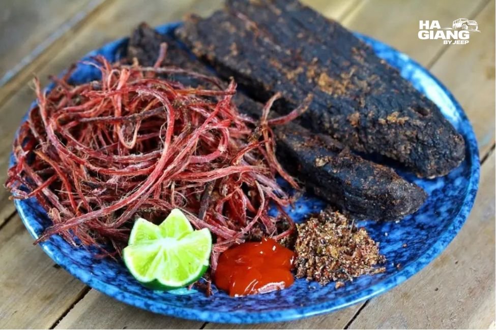 Thit trau gac bep, smoked buffalo meat hanging above a kitchen fire