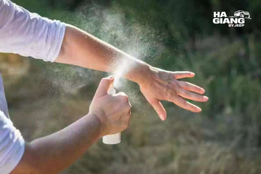 Travel-sized insect repellent, antihistamine cream, leech salt, and sun protection items on organized pouch