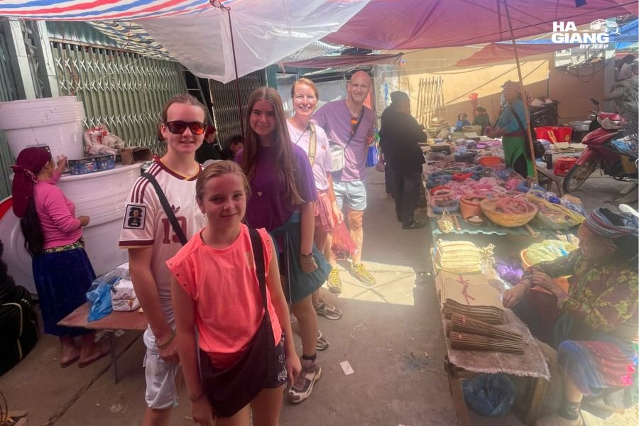 Travelers in comfortable clothing at Dong Van Old Quarter Sunday Market Ha Giang