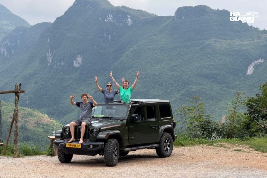 View from inside an open top jeep crossing Ma Pi Leng Pass in Ha Giang