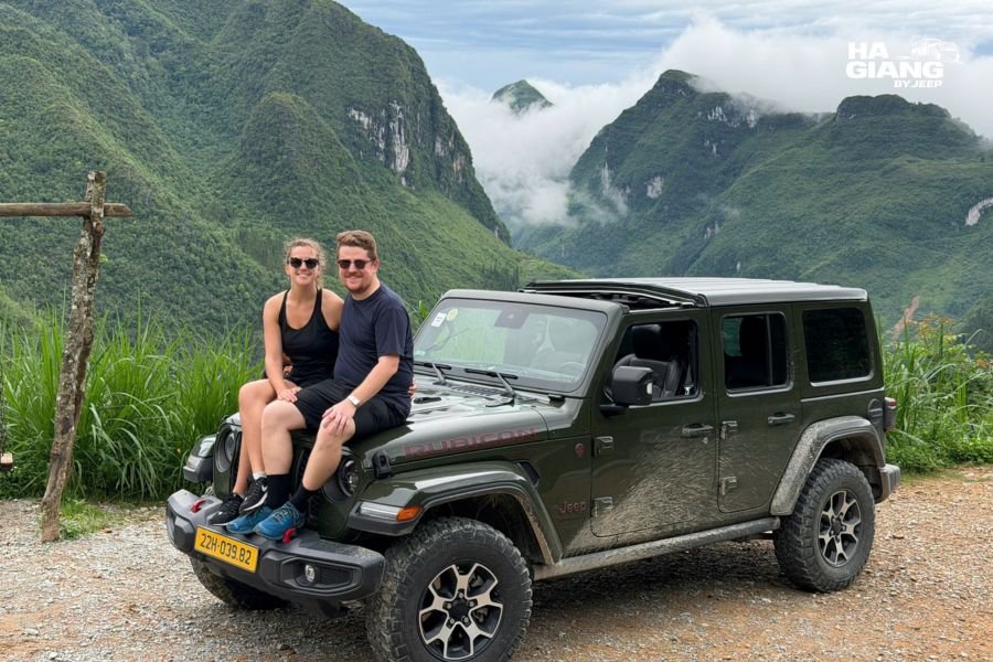 Comfortable Jeep Wrangler interior with soft seating, climate control, and open-air design for Ha Giang tours