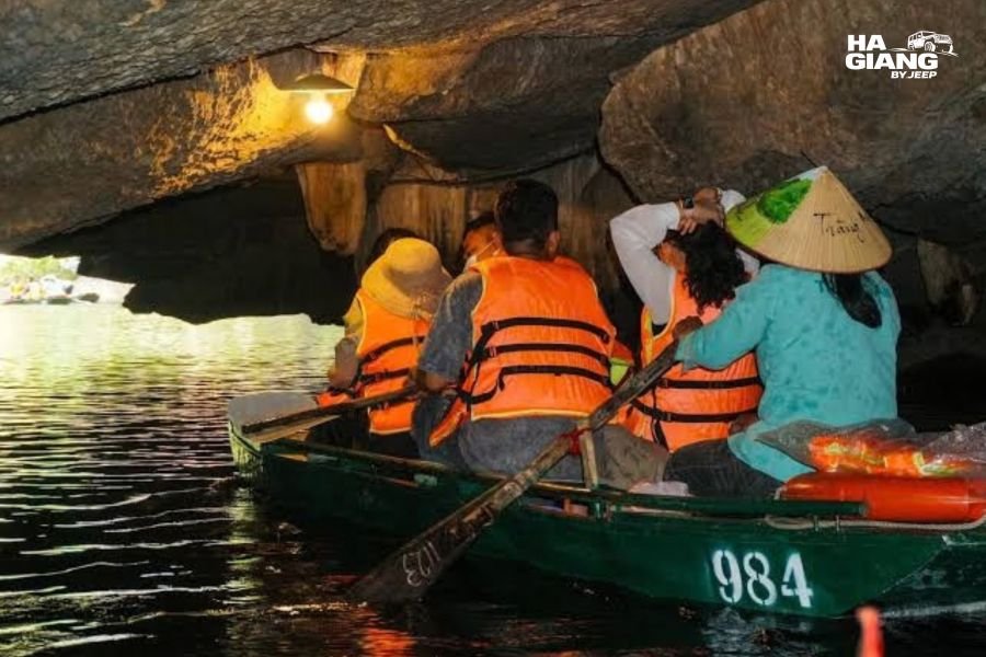 Boat passing through a cave in the Trang An Landscape Complex, Ninh Binh