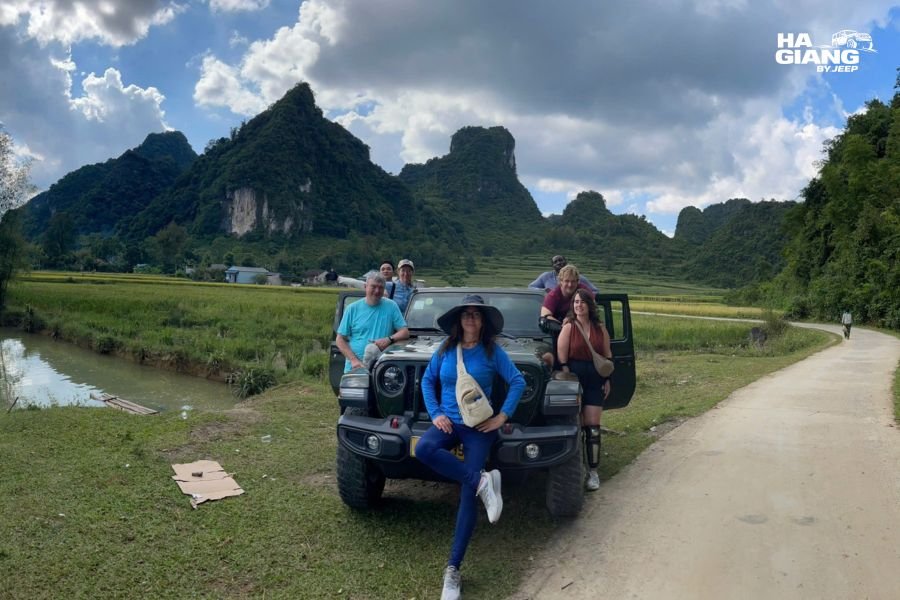 Extending the Ha Giang Loop east: a jeep on the road out of Meo Vac toward Cao Bang