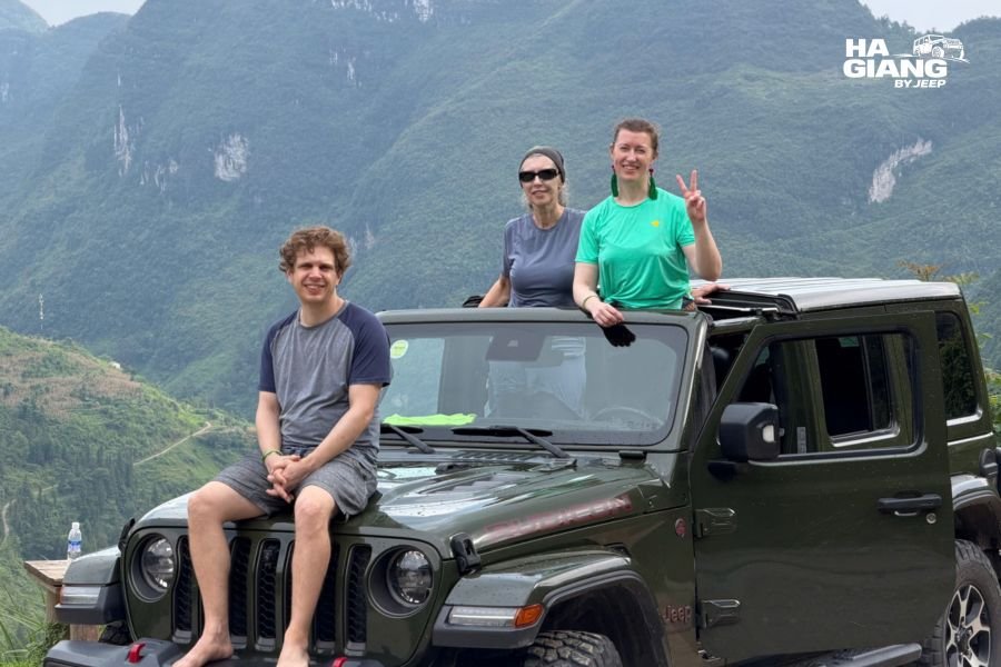 Family travelling together on a Ha Giang jeep tour, suitable for all ages
