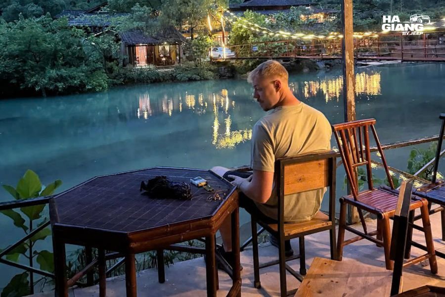 Ha Giang homestay at night where travelers connect to wifi after a day on the Loop
