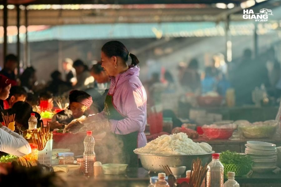 Highland market in Ha Giang with local traders and produce