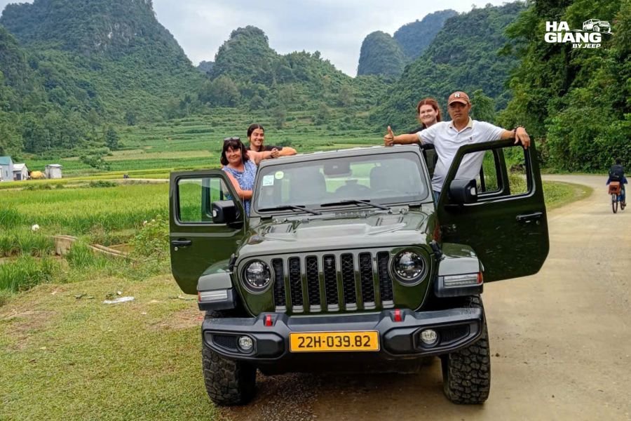 Jeep Wrangler Rubicon on a mountain road in the Dong Van Karst Plateau Geopark