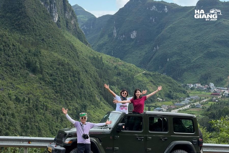 Jeep on a mountain road near Meo Vac on the way to Khau Vai Love Market in Ha Giang